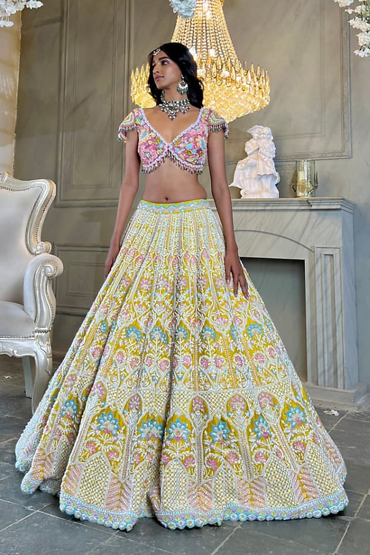 Mustard Raw Silk Floral Embroidered Bridal Lehenga Set by Rianta's at Pernia's Pop Up Shop
