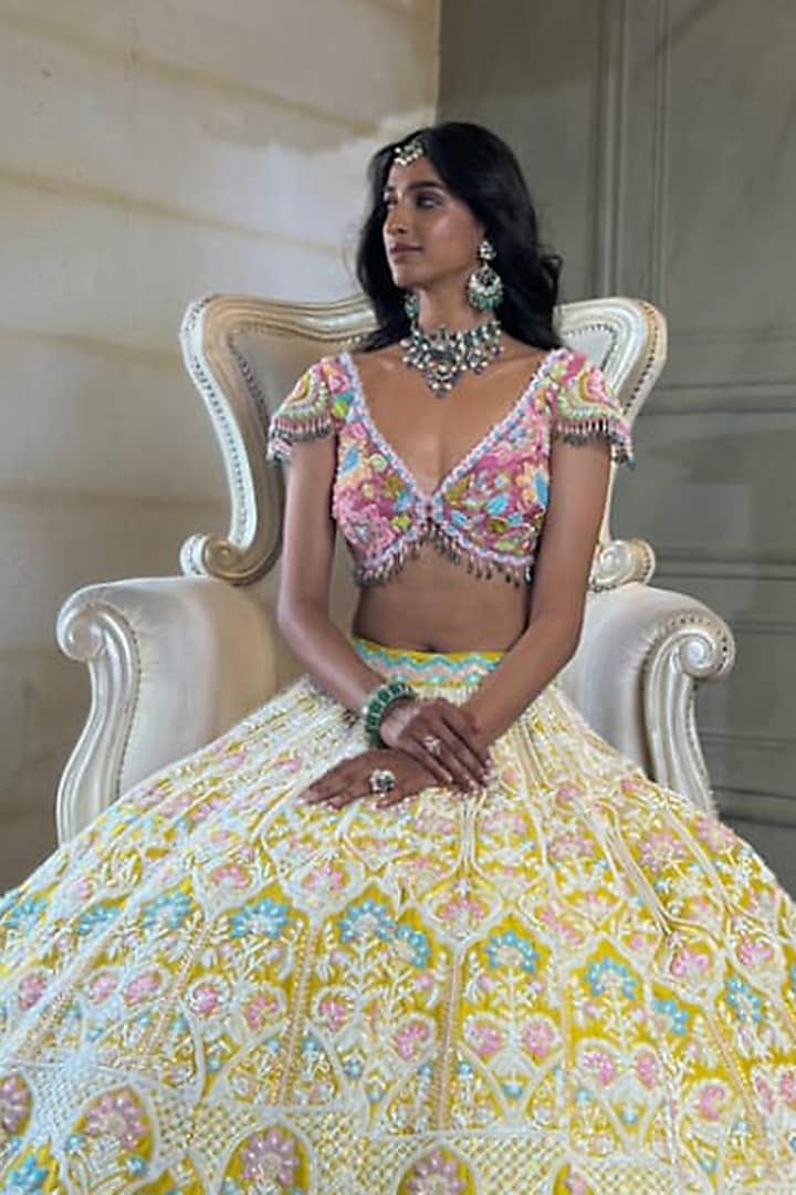 Mustard Raw Silk Floral Embroidered Bridal Lehenga Set by Rianta's at Pernia's Pop Up Shop