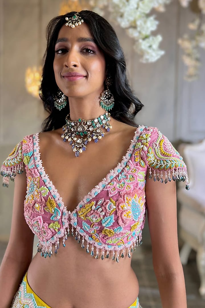 Mustard Raw Silk Floral Embroidered Bridal Lehenga Set by Rianta's at Pernia's Pop Up Shop