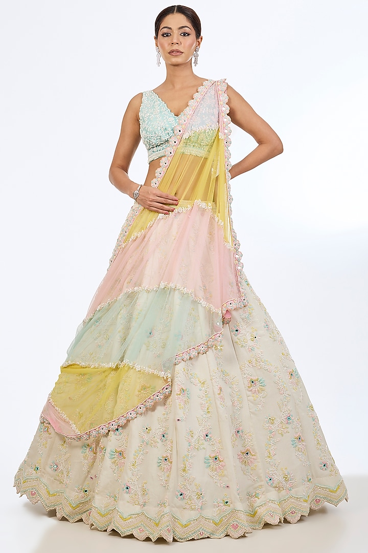 Ivory Metallic Organza Mirror Embroidered Bridal Lehenga Set by Rianta's at Pernia's Pop Up Shop