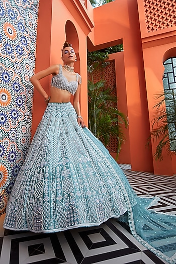 Turkish Blue Silk Taffeta Embroidered Bridal Lehenga Set by Rianta's at Pernia's Pop Up Shop