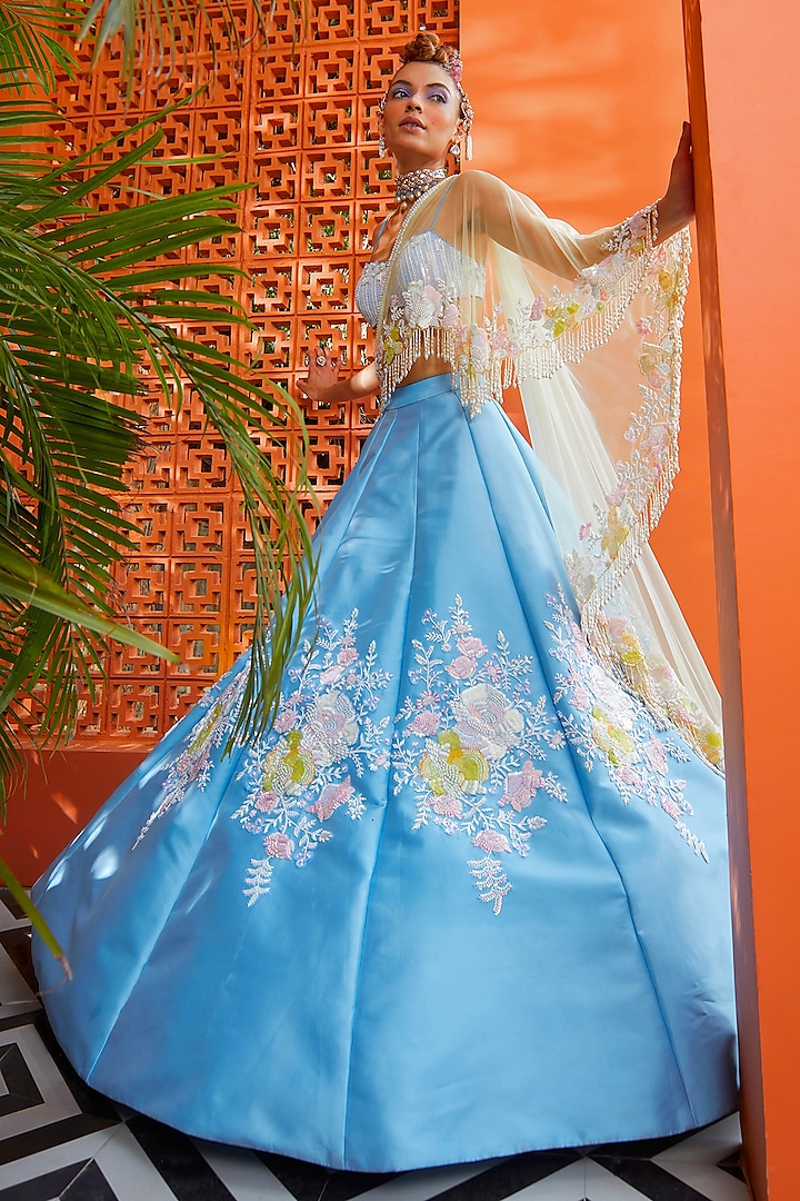 Ceramic Blue Silk Taffeta Floral Embroidered Lehenga Set by Rianta's