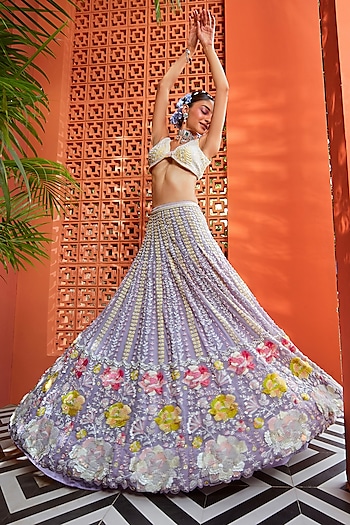Lilac Metallic Georgette Hand Embroidered Wedding Lehenga Set by Rianta's at Pernia's Pop Up Shop