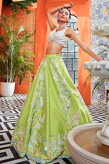 Lime Green Silk Taffeta Pearl Embroidered Wedding Lehenga Set by Rianta's at Pernia's Pop Up Shop