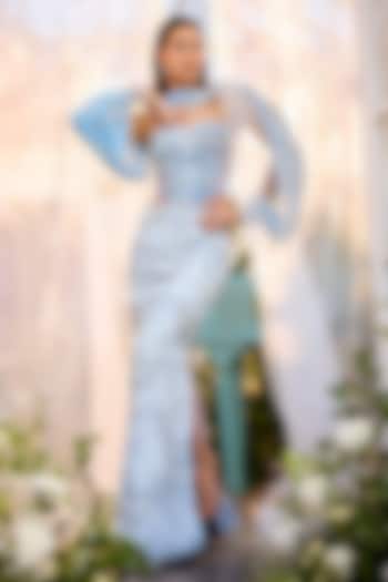 Blue Jacquard & Crushed Organza Embroidered Skirt Set by Rianta's at Pernia's Pop Up Shop