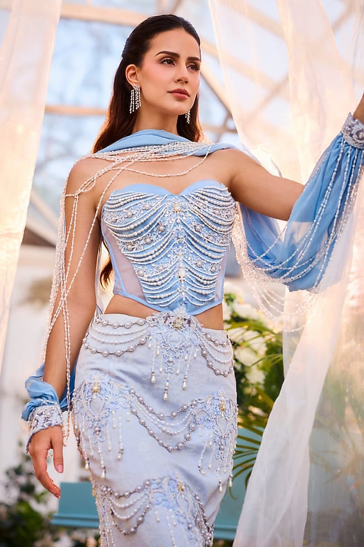 Blue Jacquard & Crushed Organza Embroidered Skirt Set by Rianta's at Pernia's Pop Up Shop