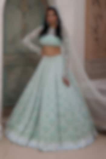 Pistachio Mint Raw Silk Sequin Embroidered Bridal Lehenga Set by Rianta's at Pernia's Pop Up Shop