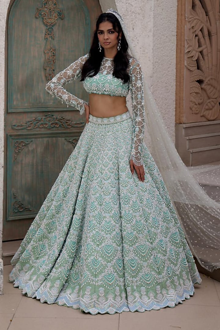 Pistachio Mint Raw Silk Sequin Embroidered Bridal Lehenga Set by Rianta's at Pernia's Pop Up Shop