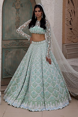Pistachio Mint Raw Silk Sequin Embroidered Lehenga Set by Rianta's