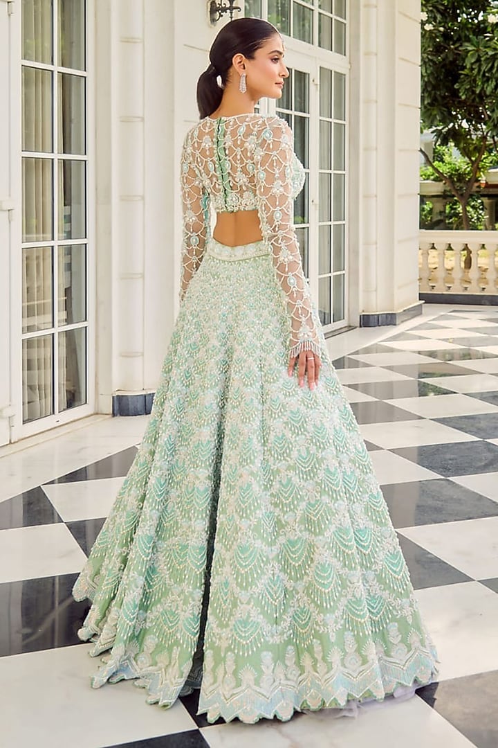 Pistachio Mint Raw Silk Sequin Embroidered Bridal Lehenga Set by Rianta's at Pernia's Pop Up Shop