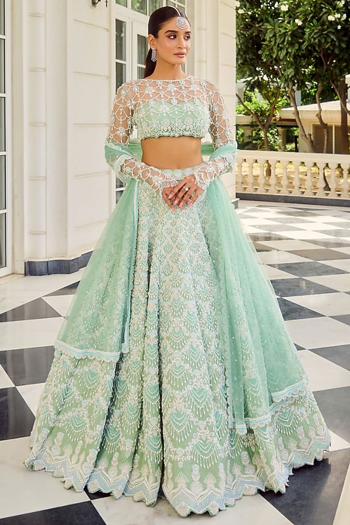 Pistachio Mint Raw Silk Sequin Embroidered Bridal Lehenga Set by Rianta's at Pernia's Pop Up Shop