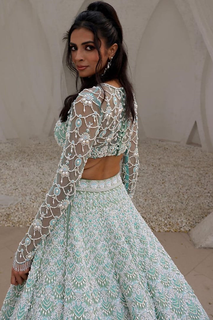 Pistachio Mint Raw Silk Sequin Embroidered Bridal Lehenga Set by Rianta's at Pernia's Pop Up Shop