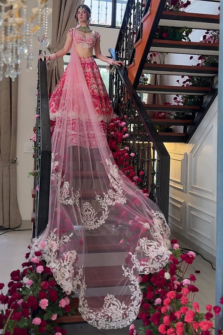 Grapefruit Coloured Raw Silk Embroidered Bridal Lehenga Set by Rianta's at Pernia's Pop Up Shop