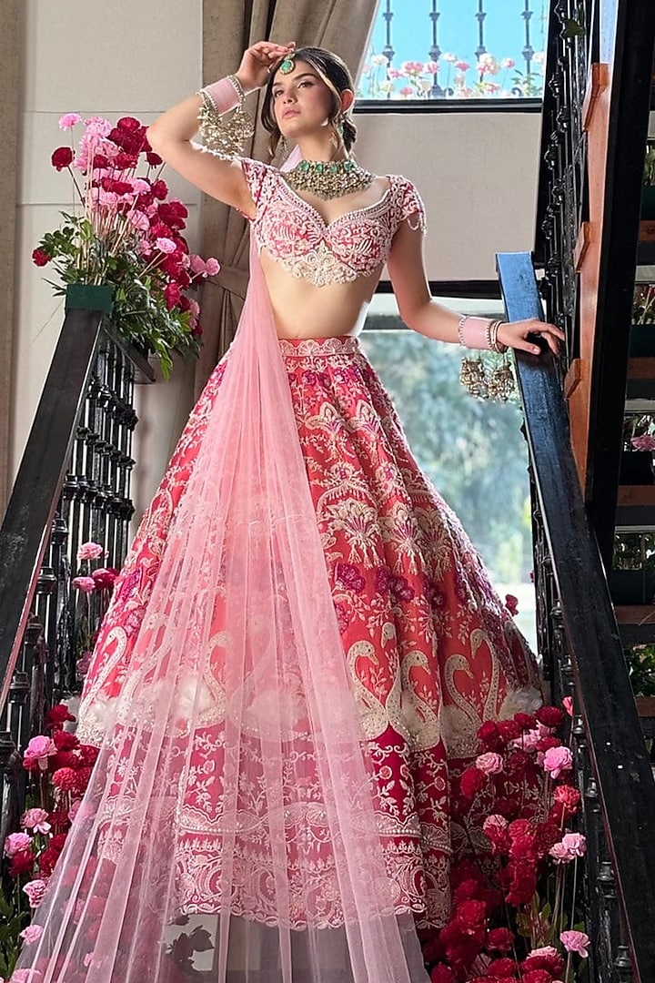 Grapefruit Coloured Raw Silk Embroidered Bridal Lehenga Set by Rianta's at Pernia's Pop Up Shop