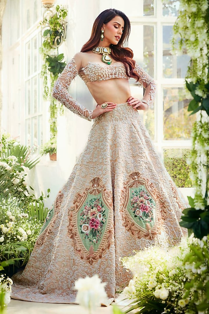 Off White Pure Raw Silk Floral Embroidered Bridal Lehenga Set by Rianta's at Pernia's Pop Up Shop