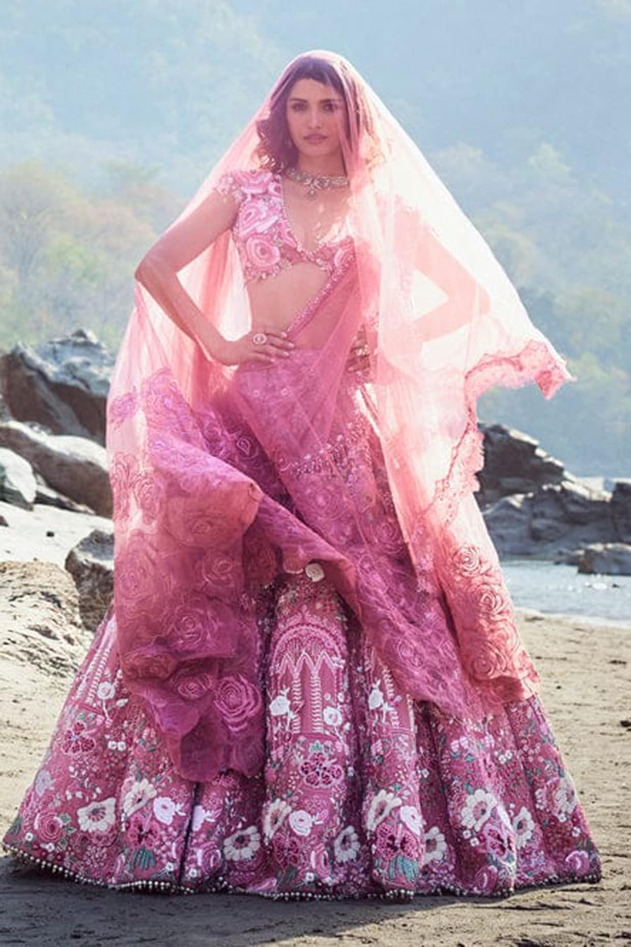 Rianta's Old Rose Banarsi Silk Resham Embroidered Lehenga Set