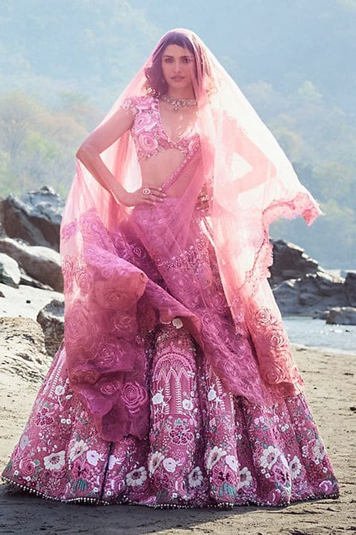 Old Rose Banarsi Silk Resham Embroidered Bridal Lehenga Set by Rianta's at Pernia's Pop Up Shop