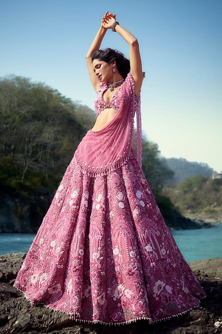 Old Rose Banarsi Silk Resham Embroidered Bridal Lehenga Set by Rianta's at Pernia's Pop Up Shop