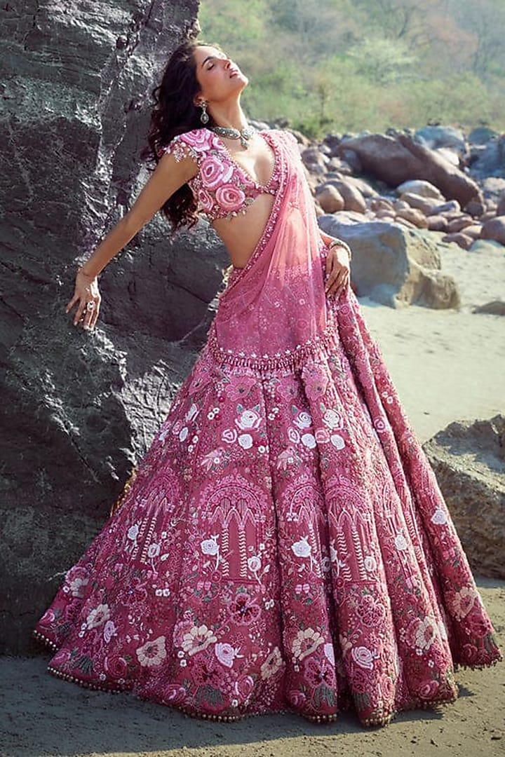 Old Rose Banarsi Silk Resham Embroidered Bridal Lehenga Set by Rianta's at Pernia's Pop Up Shop