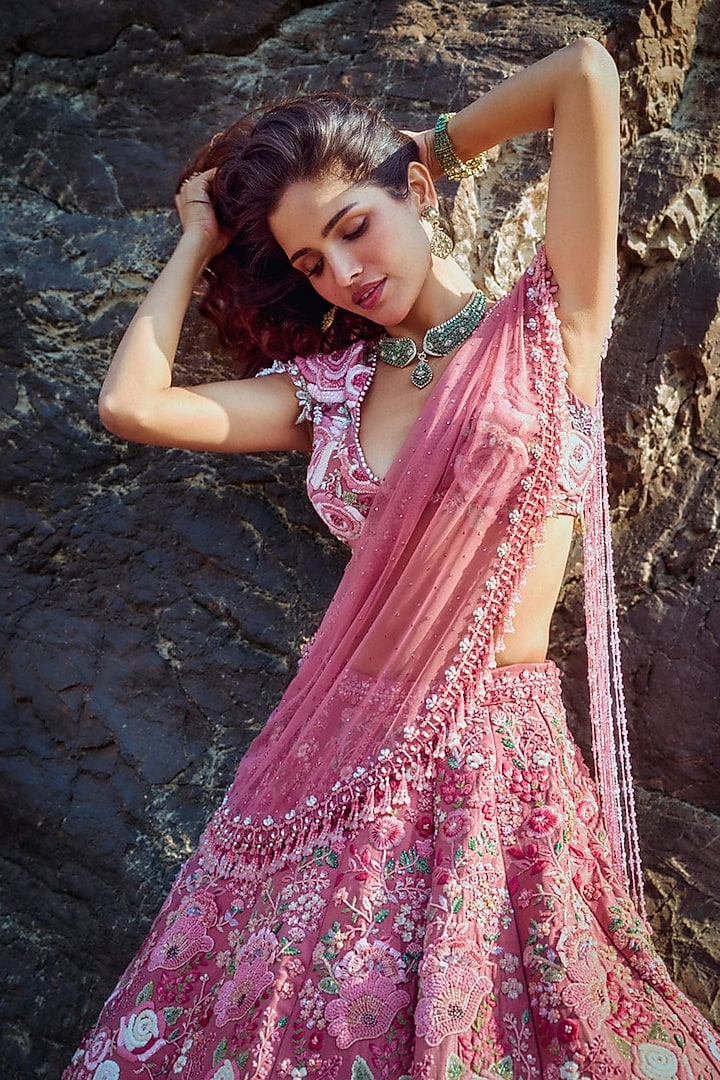 Old Rose Banarsi Silk Resham Embroidered Bridal Lehenga Set by Rianta's at Pernia's Pop Up Shop