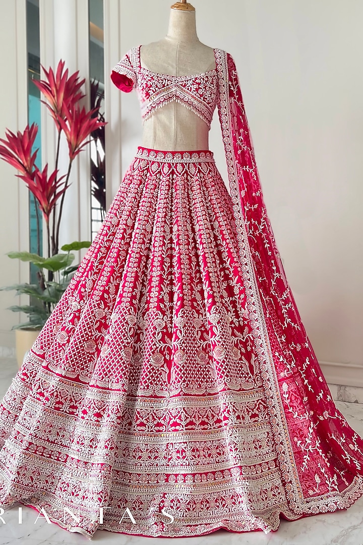 Hot Pink Pure Raw Silk Embroidered Bridal Lehenga Set by Rianta's at Pernia's Pop Up Shop