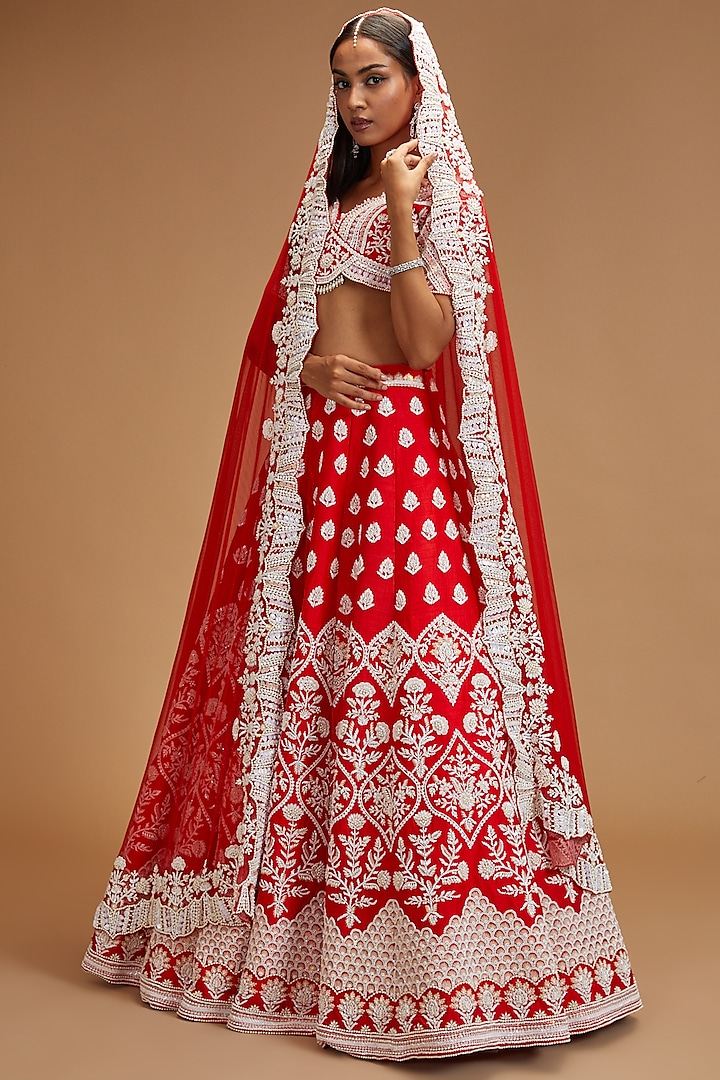Red Pure Raw Silk Embroidered Lehenga Set by Rianta's