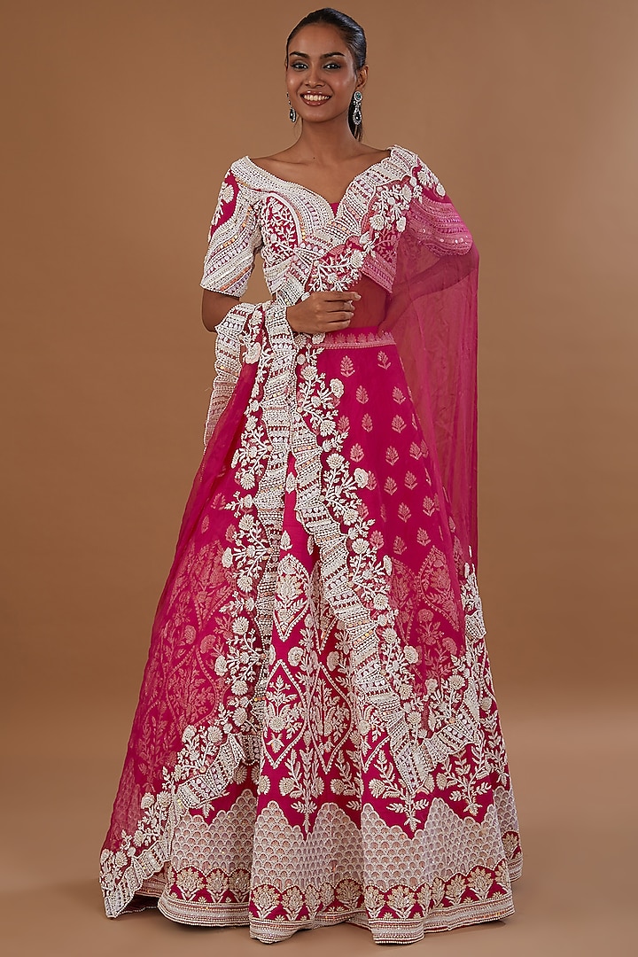 Pink Pure Raw Silk Sequins Embroidered Lehenga Set by Rianta's