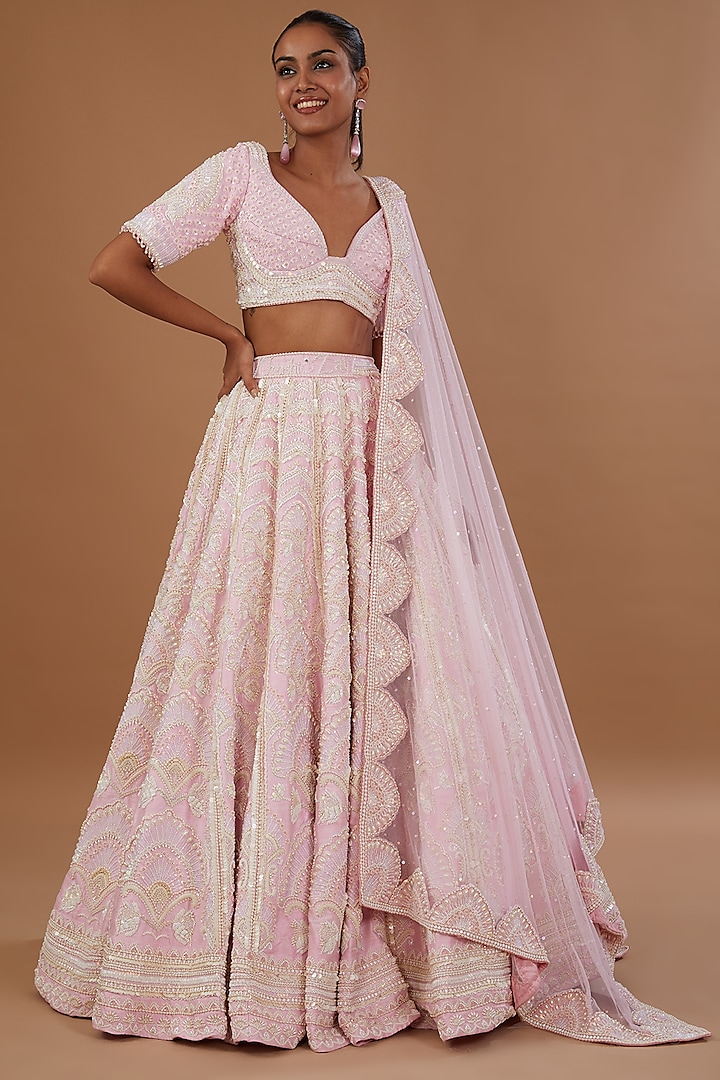 Blush Pink Pure Raw Silk Sequins Embroidered Lehenga Set by Rianta's