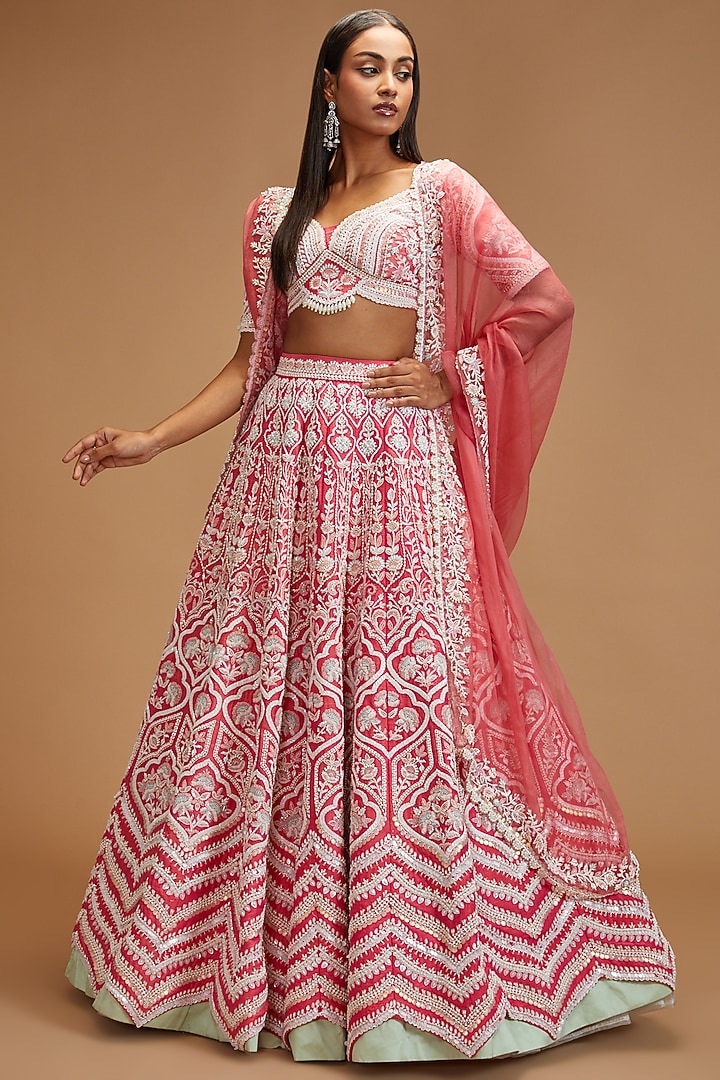 Coral Pure Raw Silk Embroidered Bridal Lehenga Set by Rianta's at Pernia's Pop Up Shop