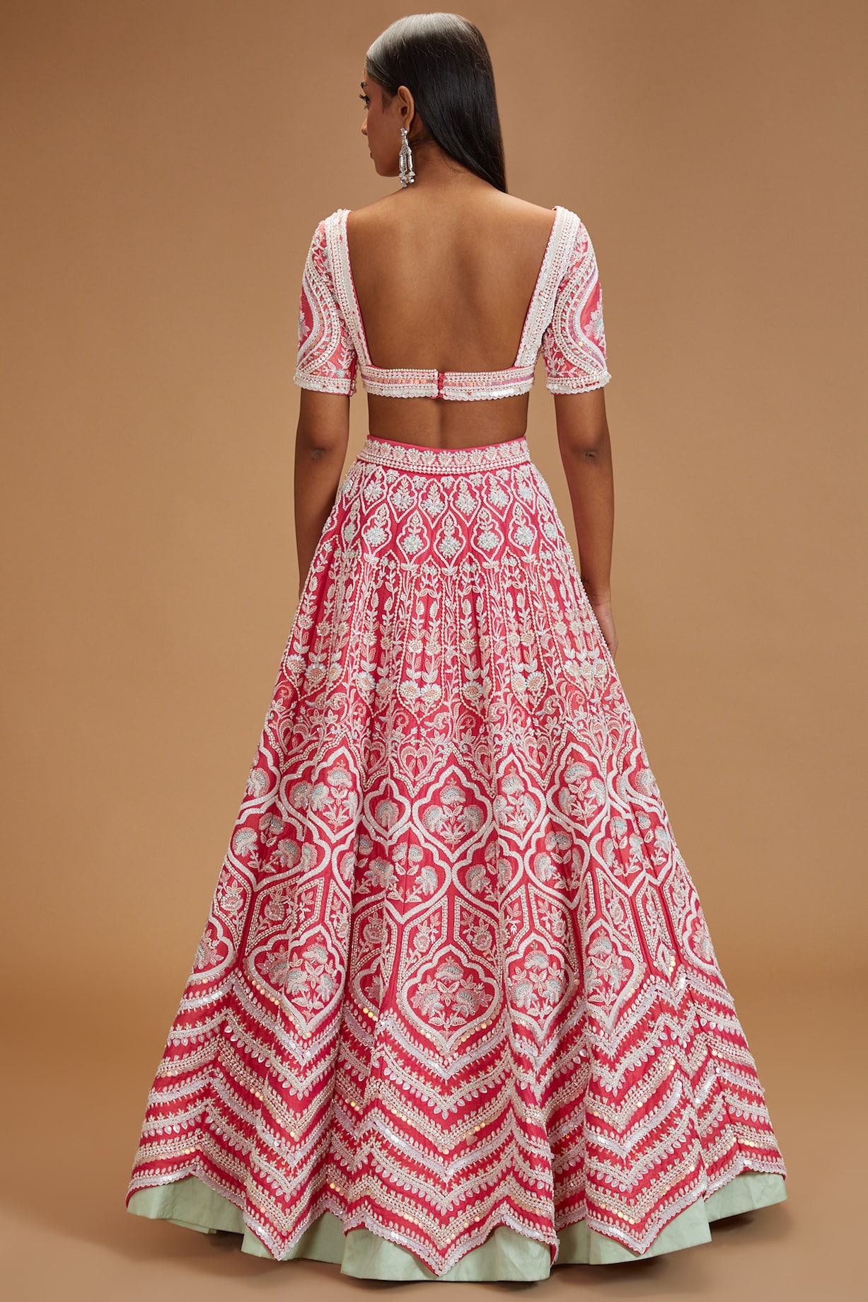 Coral Raw Silk Lehenga Set Gota Work