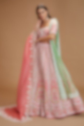 Coral Pure Raw Silk Embroidered Lehenga Set by Rianta's