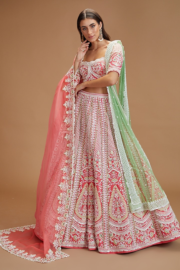 Coral Pure Raw Silk Embroidered Lehenga Set by Rianta's