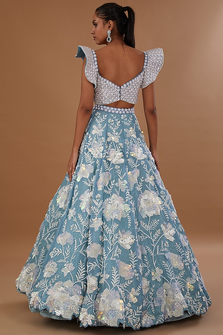 Steel Blue Silk Organza Floral Embroidered Bridal Lehenga Set by Rianta's at Pernia's Pop Up Shop