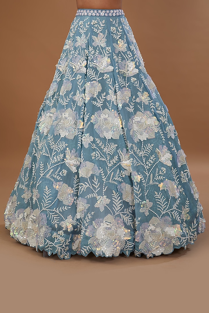 Steel Blue Silk Organza Floral Embroidered Bridal Lehenga Set by Rianta's at Pernia's Pop Up Shop