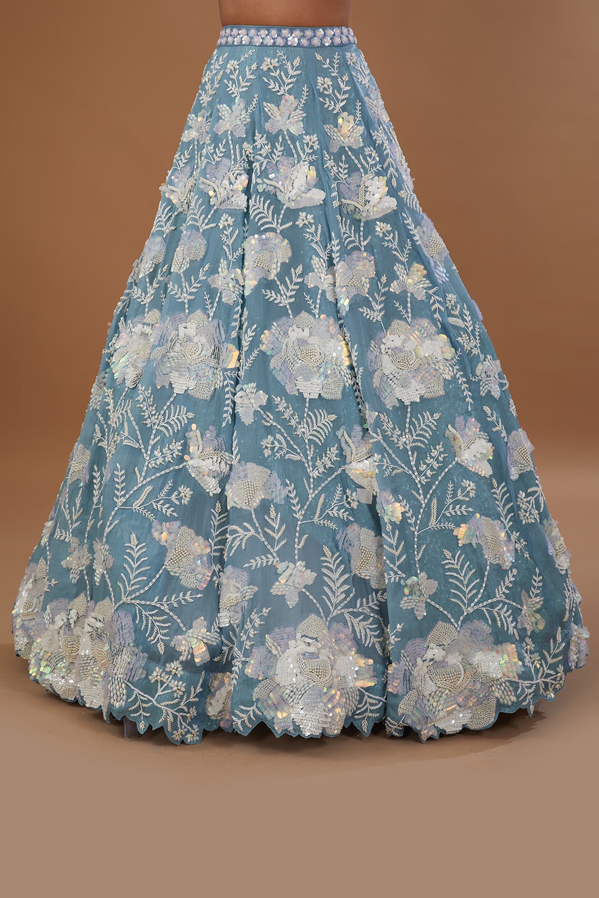 Steel Blue Silk Organza Floral Embroidered Bridal Lehenga Set by