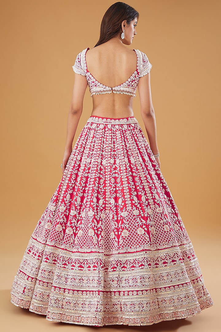 Hot Pink Pure Raw Silk Pearl Embroidered Bridal Lehenga Set by Rianta's at Pernia's Pop Up Shop