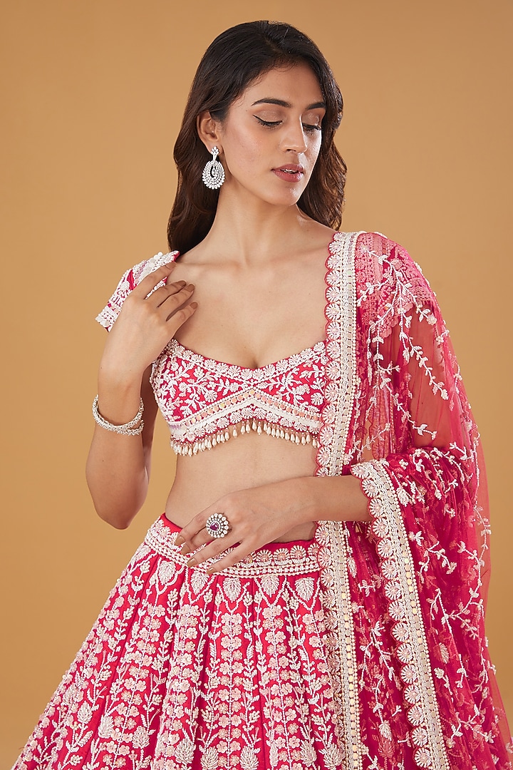 Hot Pink Pure Raw Silk Pearl Embroidered Bridal Lehenga Set by Rianta's at Pernia's Pop Up Shop
