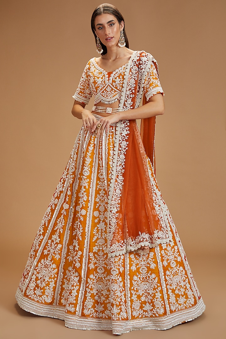 Tangerine Orange Pure Raw Silk Embroidered Lehenga Set by Rianta's