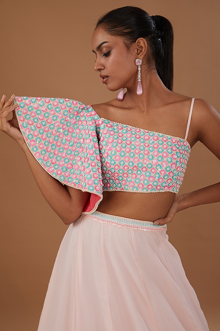 Blush Pink Silk Organza Hand Embroidered Wedding Lehenga Set by Rianta's at Pernia's Pop Up Shop