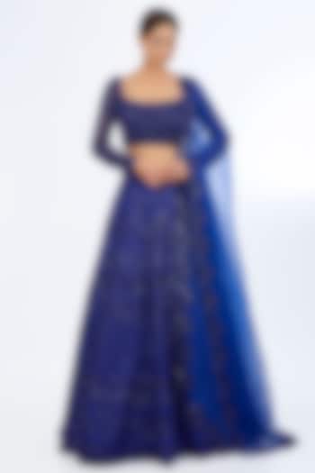 Electric Blue Raw Silk Glass Beads Embroidered Bridal lehenga for 22 Lehenga Set by Rianta's at Pernia's Pop Up Shop