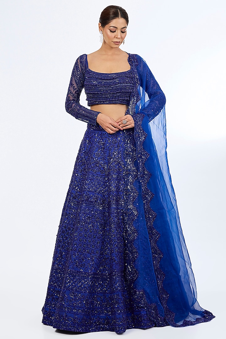 Electric Blue Raw Silk Glass Beads Embroidered Bridal lehenga for 22 Lehenga Set by Rianta's at Pernia's Pop Up Shop