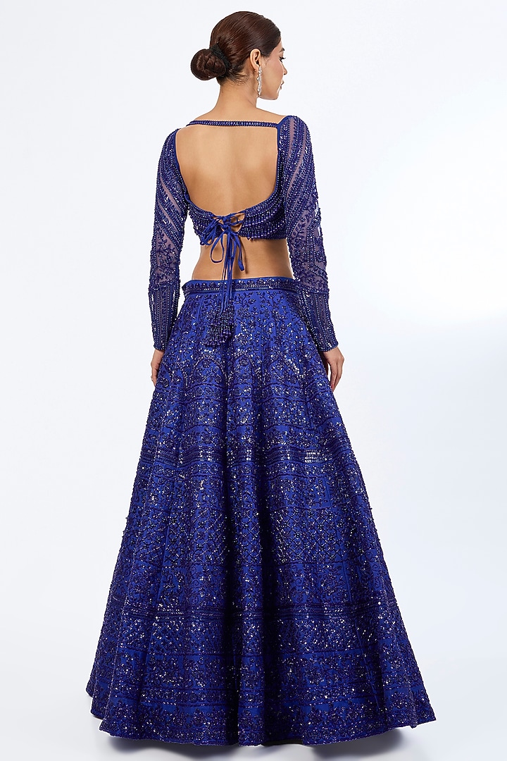 Electric Blue Raw Silk Glass Beads Embroidered Bridal Lehenga Set by Rianta's at Pernia's Pop Up Shop