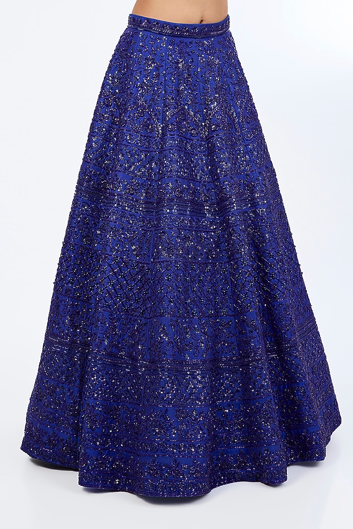 Electric Blue Raw Silk Glass Beads Embroidered Bridal Lehenga Set by Rianta's at Pernia's Pop Up Shop