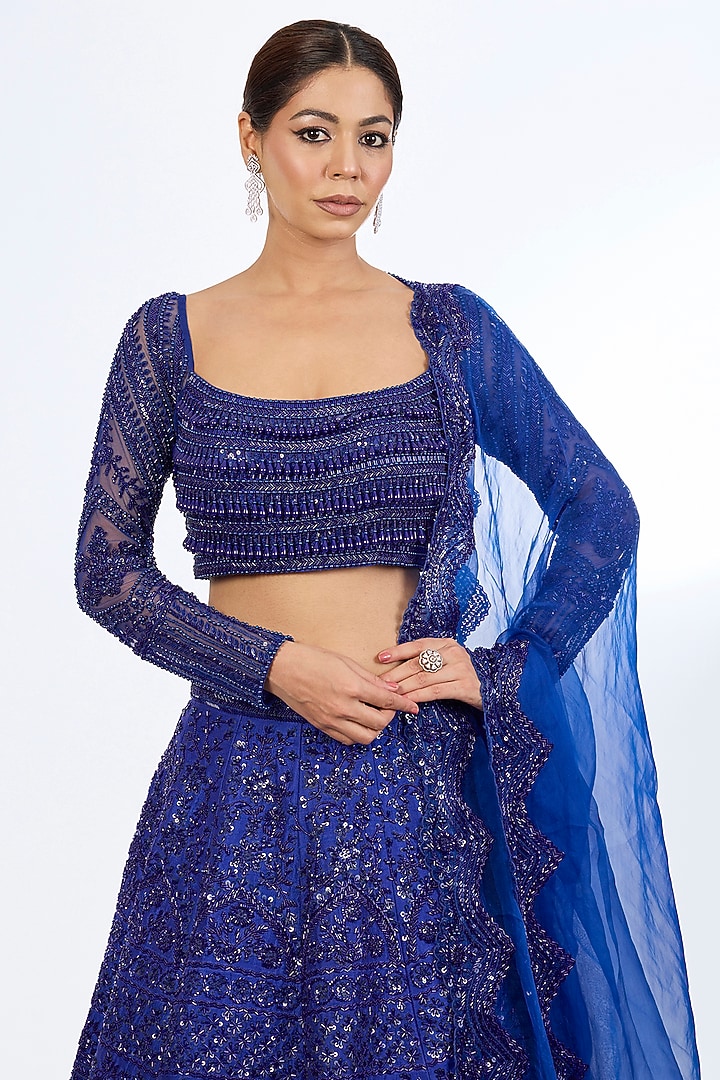 Electric Blue Raw Silk Glass Beads Embroidered Bridal Lehenga Set by Rianta's at Pernia's Pop Up Shop