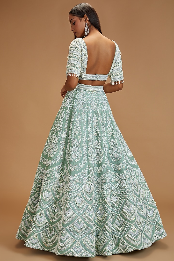 Mint Green Raw Silk Hand Embroidered Bridal Lehenga Set by Rianta's at Pernia's Pop Up Shop