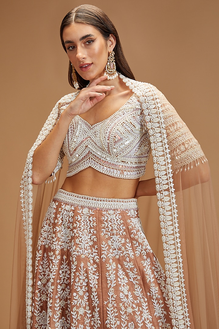 Tan Brown Raw Silk Hand Embroidered Wedding Lehenga Set by Rianta's at Pernia's Pop Up Shop
