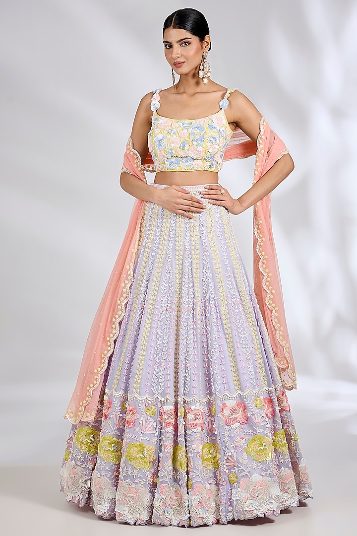 Lilac Metallic Georgette Hand Embroidered  dulhan bday 22 may Lehenga Set by Rianta's at Pernia's Pop Up Shop