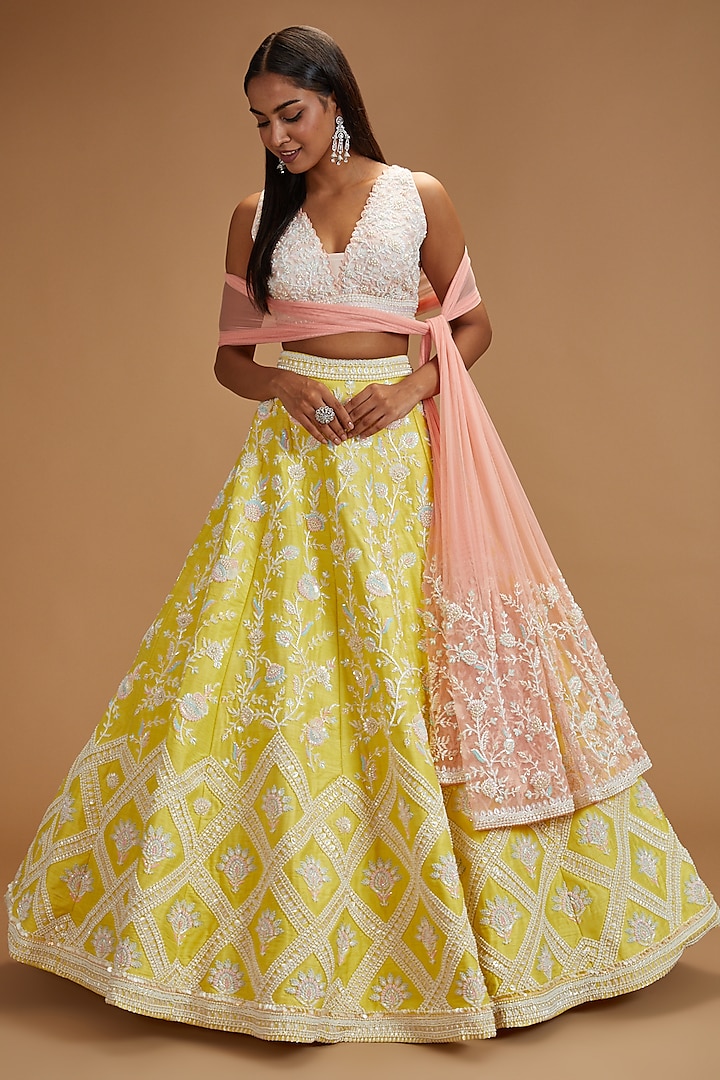 Lime Yellow Pure Raw Silk Embroidered Lehenga Set by Rianta's