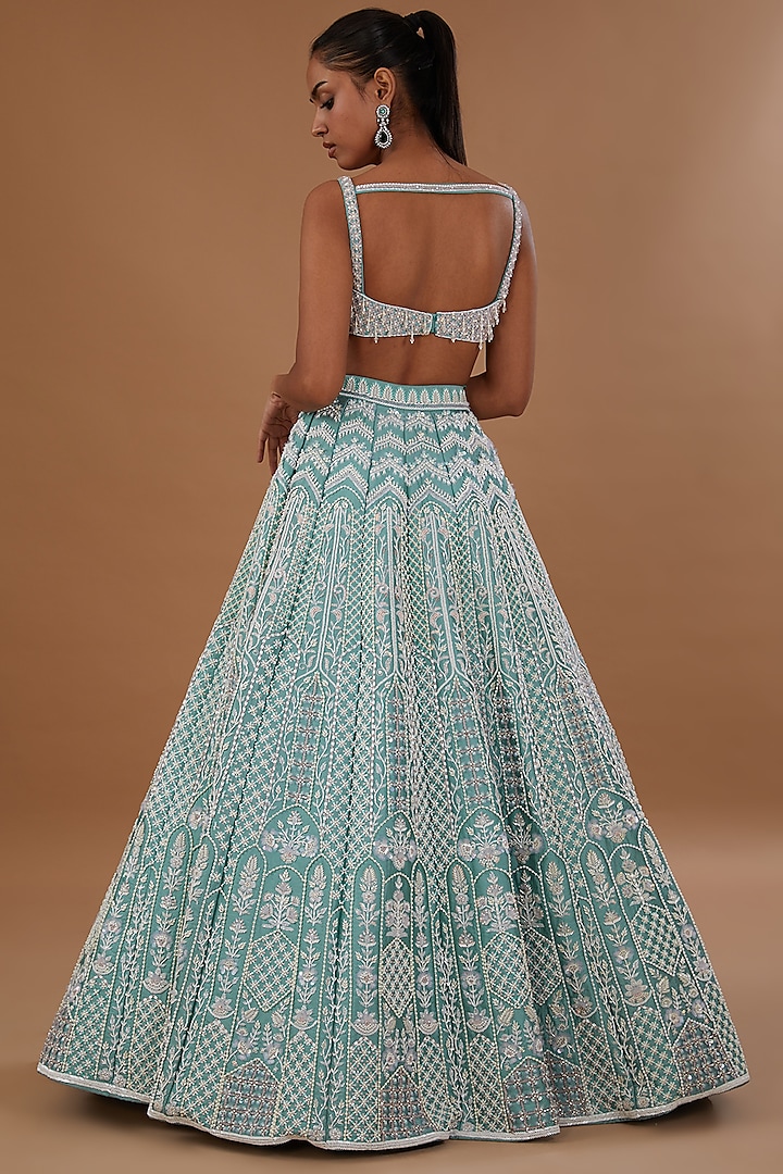 Turkish Blue Taffeta Pearl Embroidered Bridal Lehenga Set by Rianta's at Pernia's Pop Up Shop