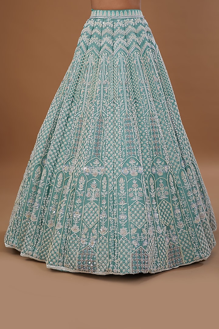 Turkish Blue Taffeta Pearl Embroidered Bridal Lehenga Set by Rianta's at Pernia's Pop Up Shop